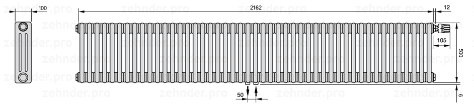 Схема (чертеж) Радиатор Zehnder Charleston 3050/47 №V008 Белый глянцевый RAL 9016